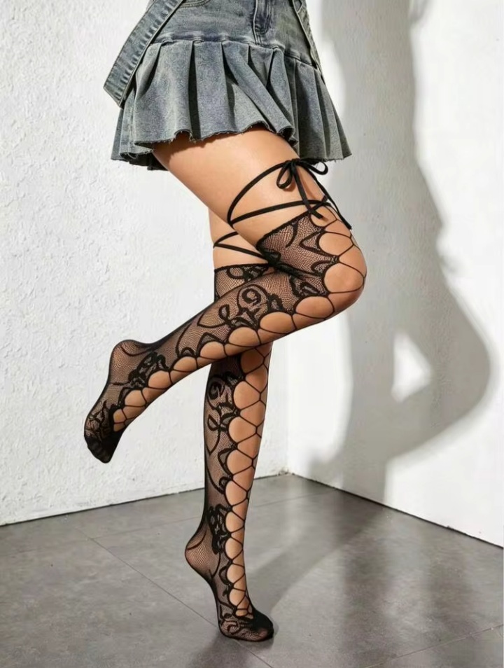 Women’s Black Lace-Up Over-the-Knee Fishnet Stockings – Crisscross Sheer Thigh-High Hosiery